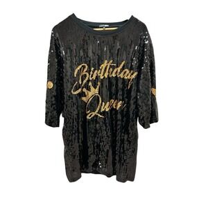 Fashion Nova Black‎ Sequin Birthday Queen Top One Size Gold Crowns Party Glam